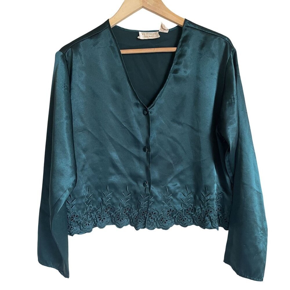 Vintage Victoria's Secret Gold Label Green Satin Topper Size Medium Button Front